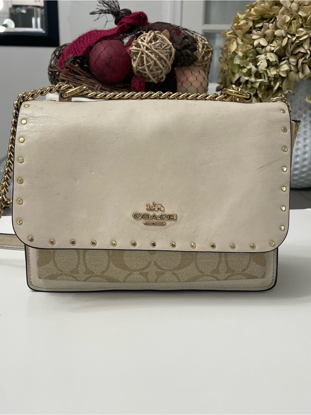 Coach Cream Studded Signature Crossbody Bag Snake Print Sides Chain Strap